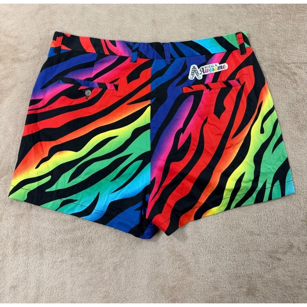 Royal & Awesome Mens Rainbow Zebra Golf Shorts size 38 Multi Color Stretch EUC‎